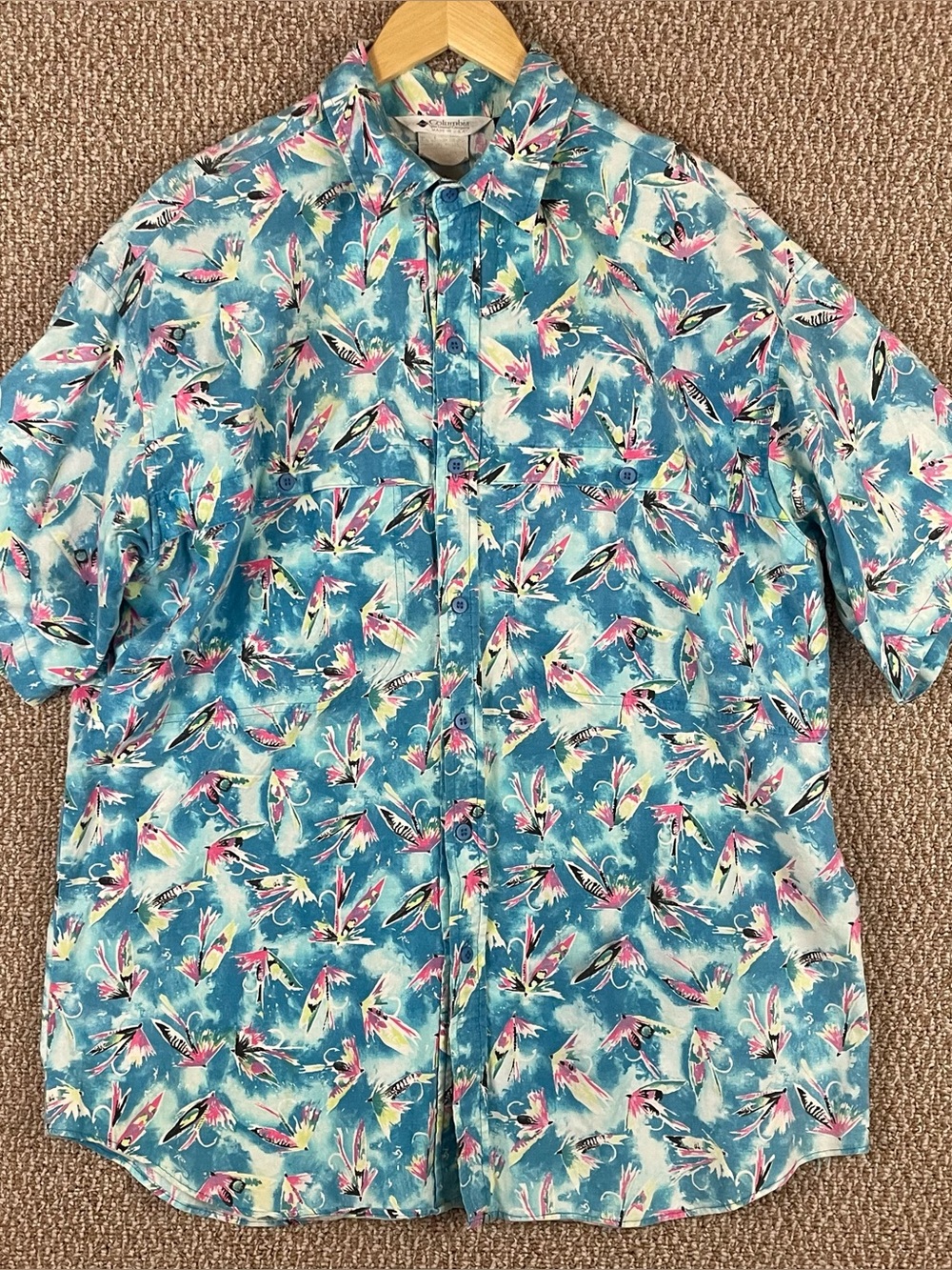 Vintage 90s Columbia Fishing Shirt Men XL All Over Lure Print Button Up USA T342